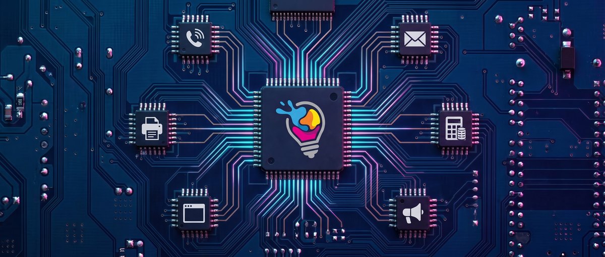 A circuit board with the Big Ideas chip at the center and traces running to six chips for phone, email, printing, bookkeeping, website and marketing