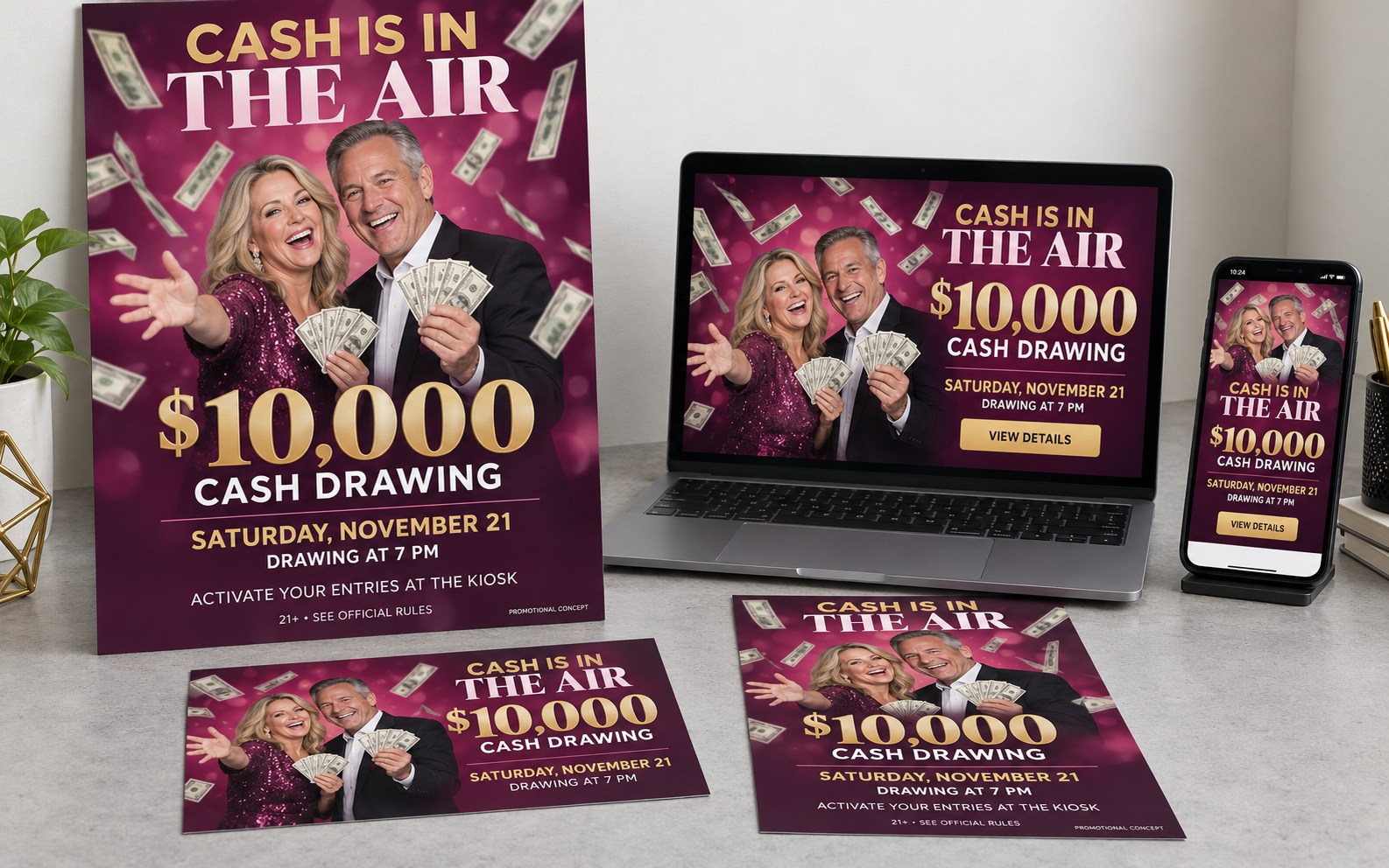 Cash Is in the Air concept across a poster, postcard, flyer, website and mobile email creative