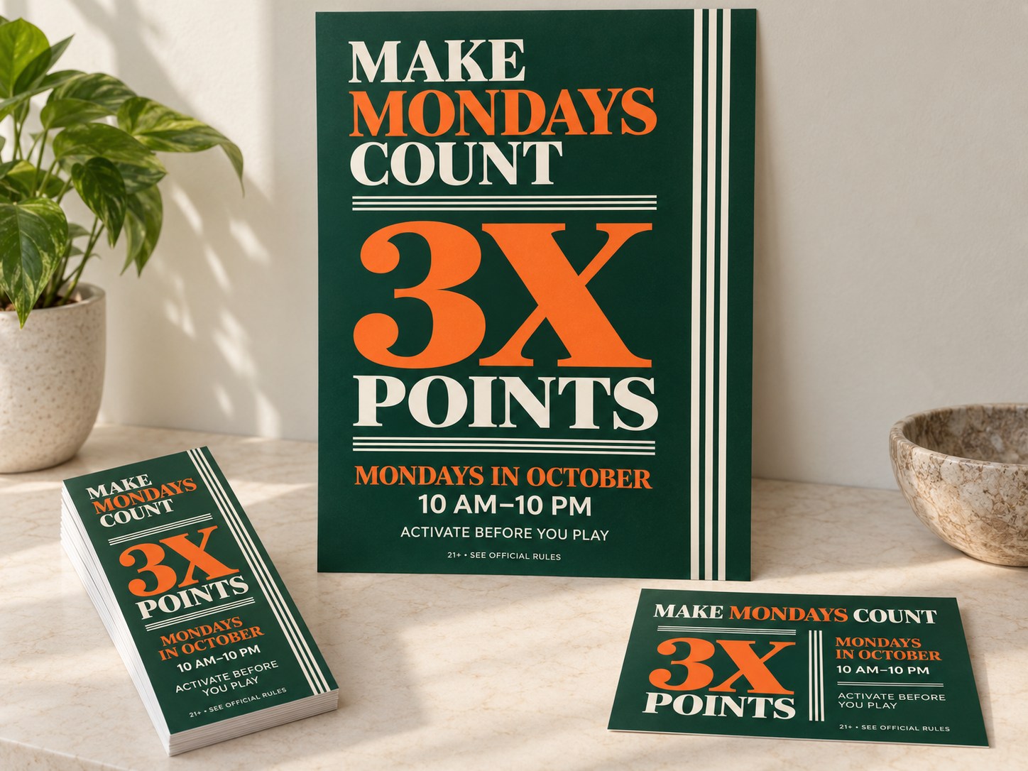 Make Mondays Count points promotion concept across a poster, rack cards and direct-mail card
