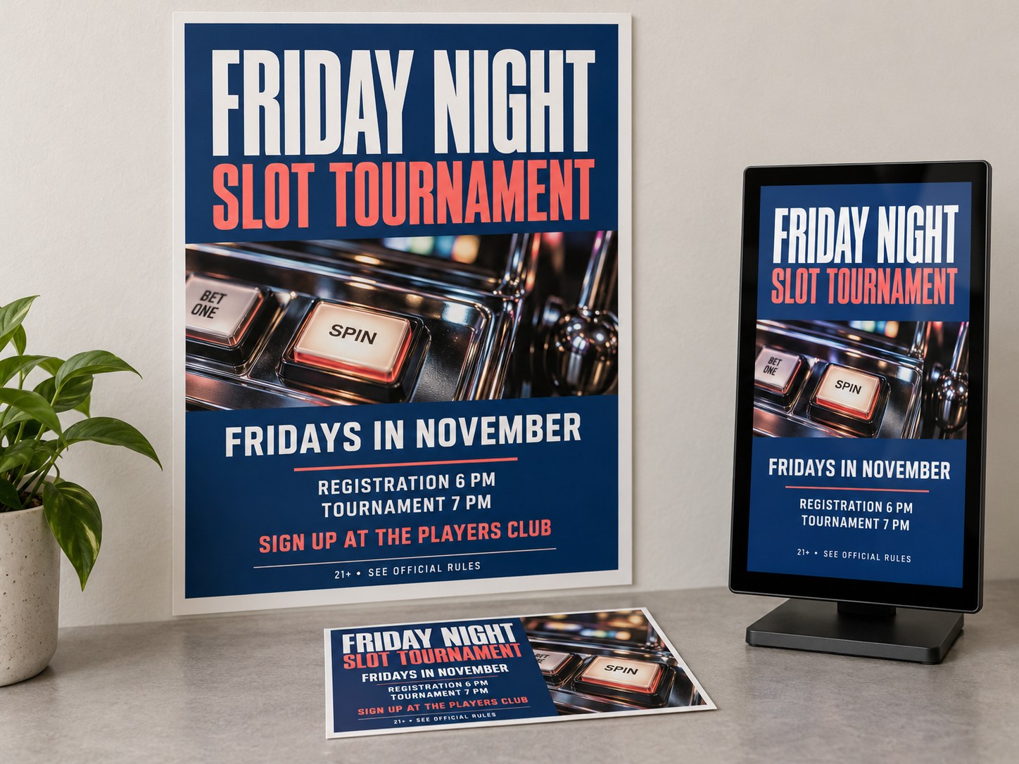 Friday Night slot tournament concept across a poster, direct-mail card and digital display