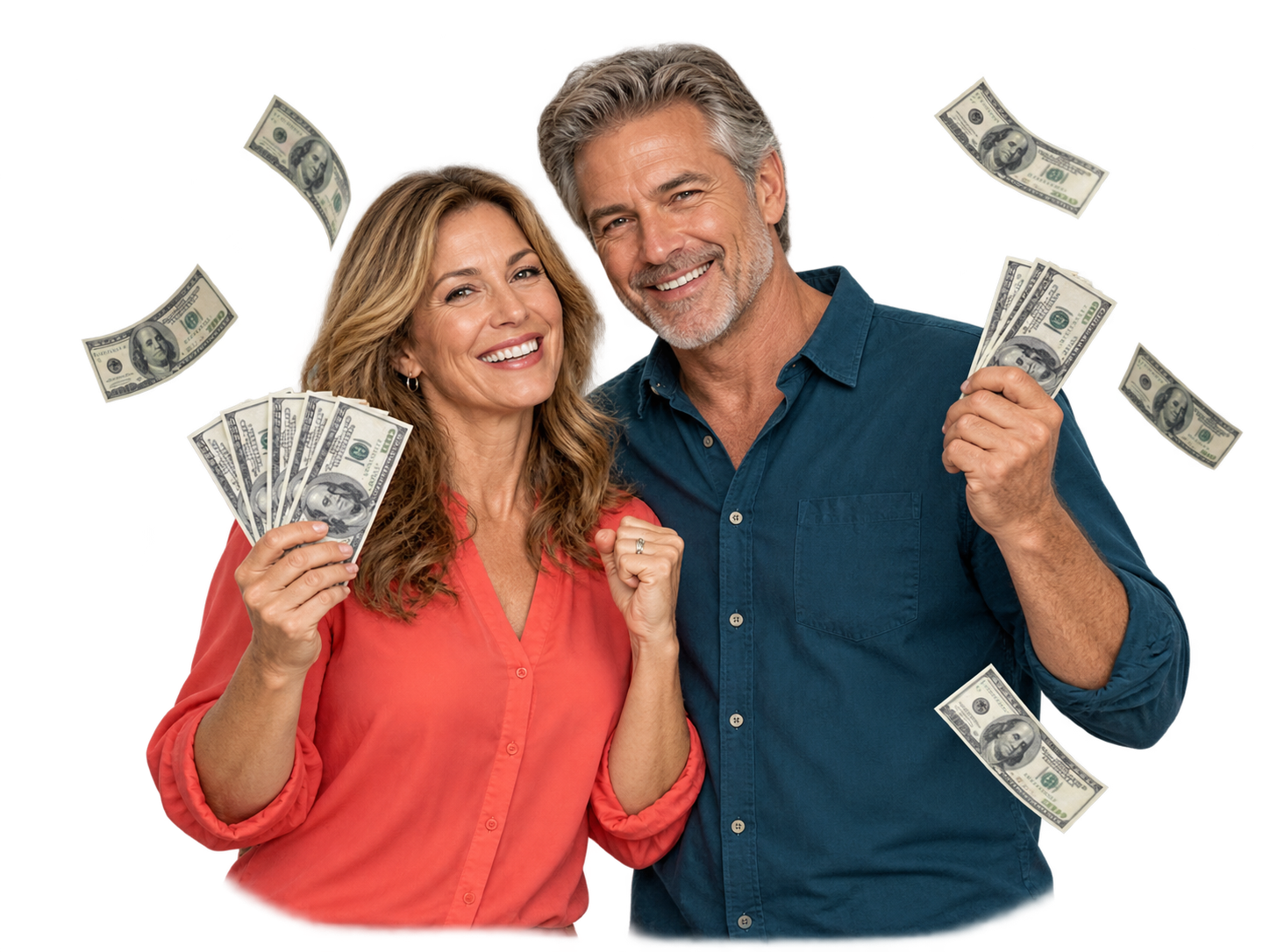 Original promotional concept with two smiling adult models holding cash and floating banknotes