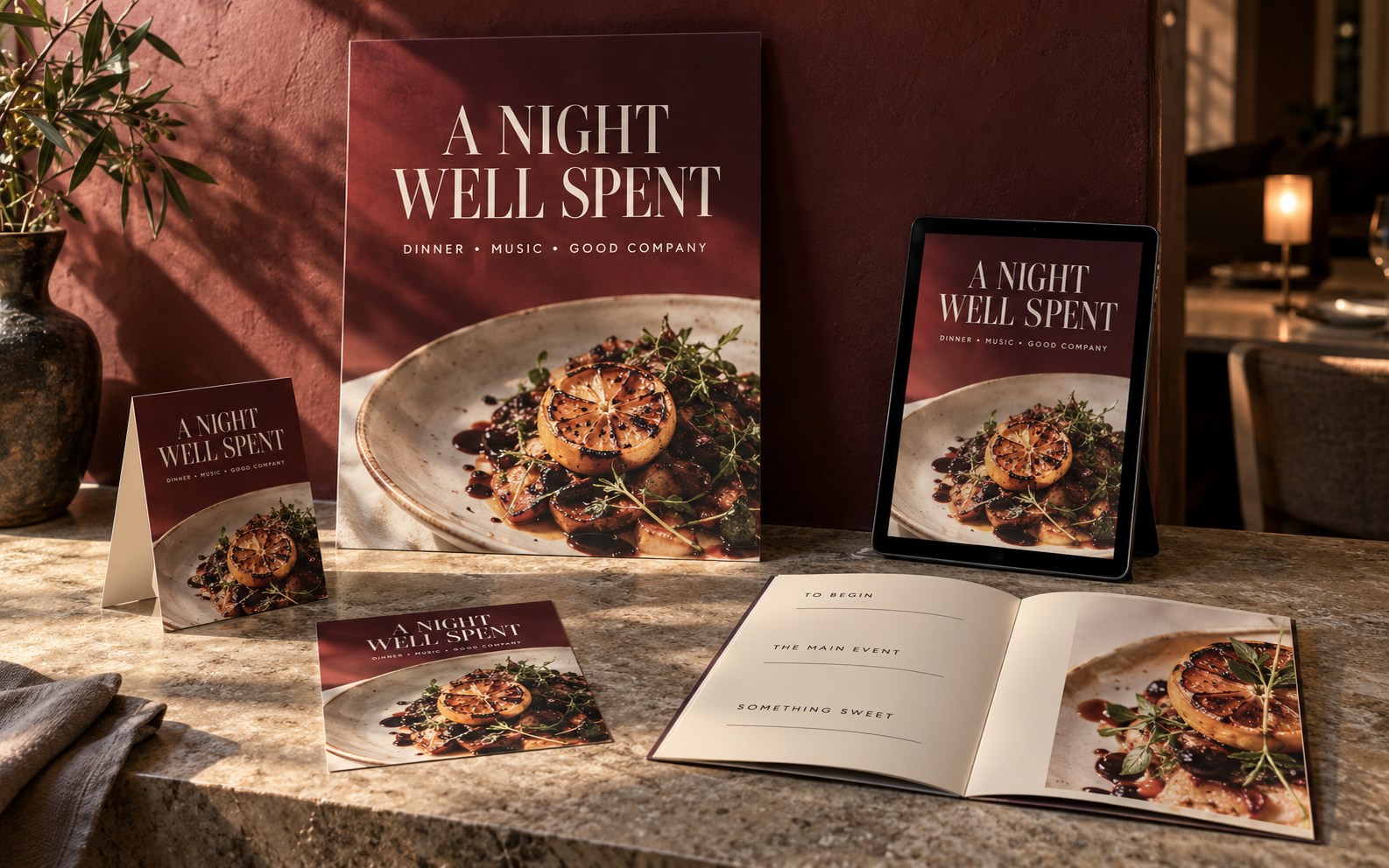 A Night Well Spent dining concept across a menu, table tent, poster, postcard and digital display