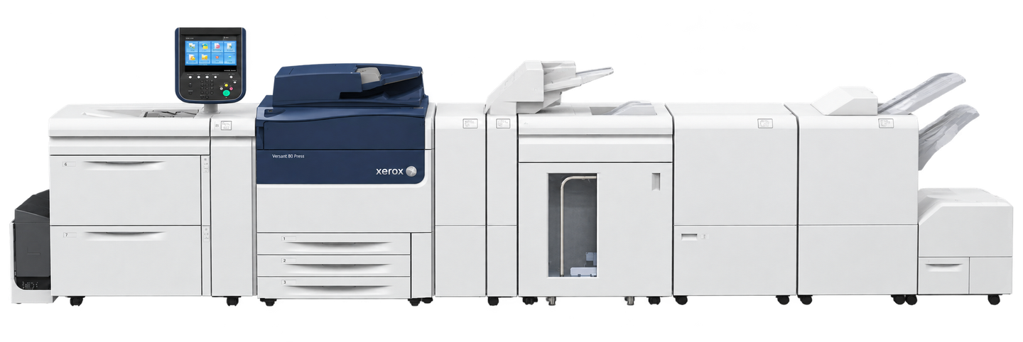 AI-assisted illustration of an extended Xerox Versant 80 configuration with feeding, stacking and multiple finishing attachments