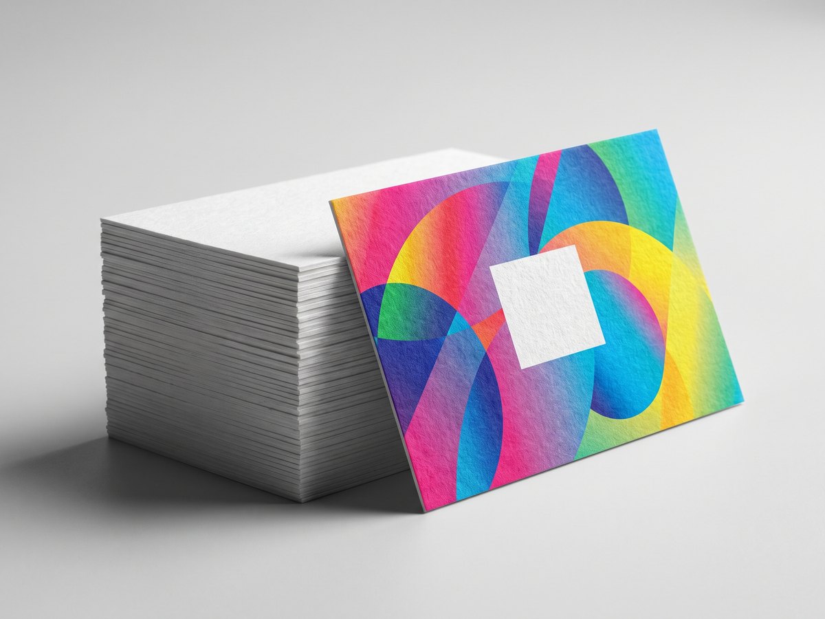 A neat stack of thick printed business cards with one card leaning against it