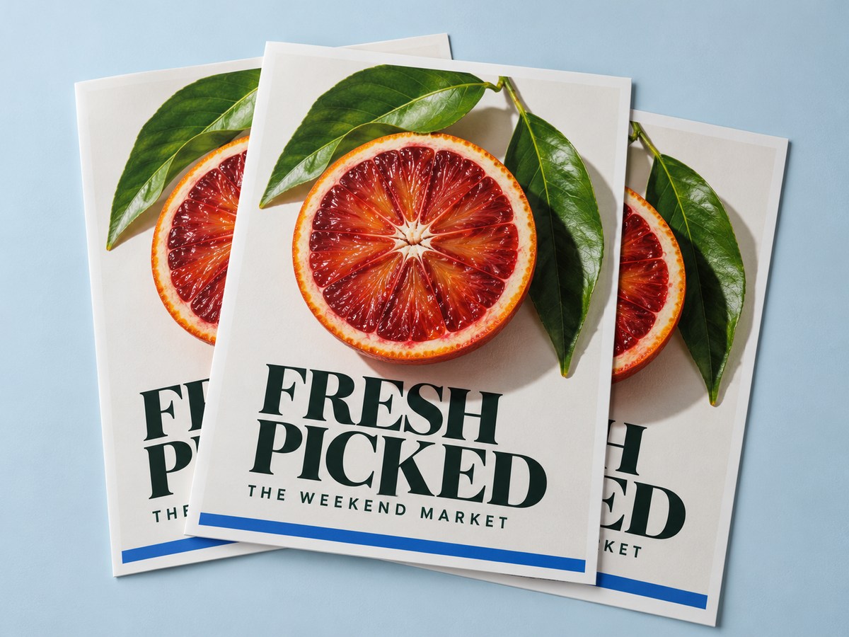 Original Fresh Picked market flyer concepts with citrus photography and bold typography