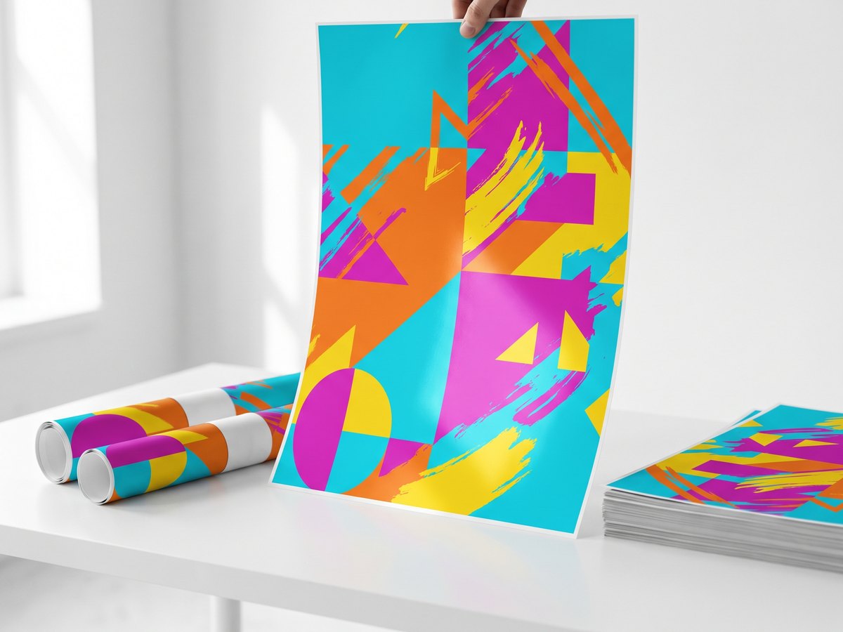 A large colorful printed poster standing on a table with rolled posters beside it