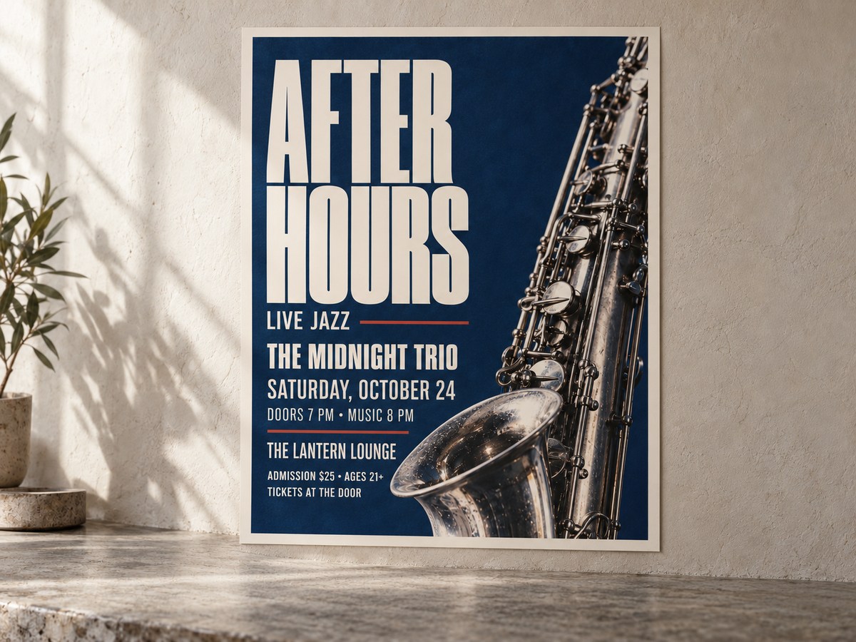 Original After Hours jazz event poster concept mounted flat, with performer, date, venue, show times and ticket details